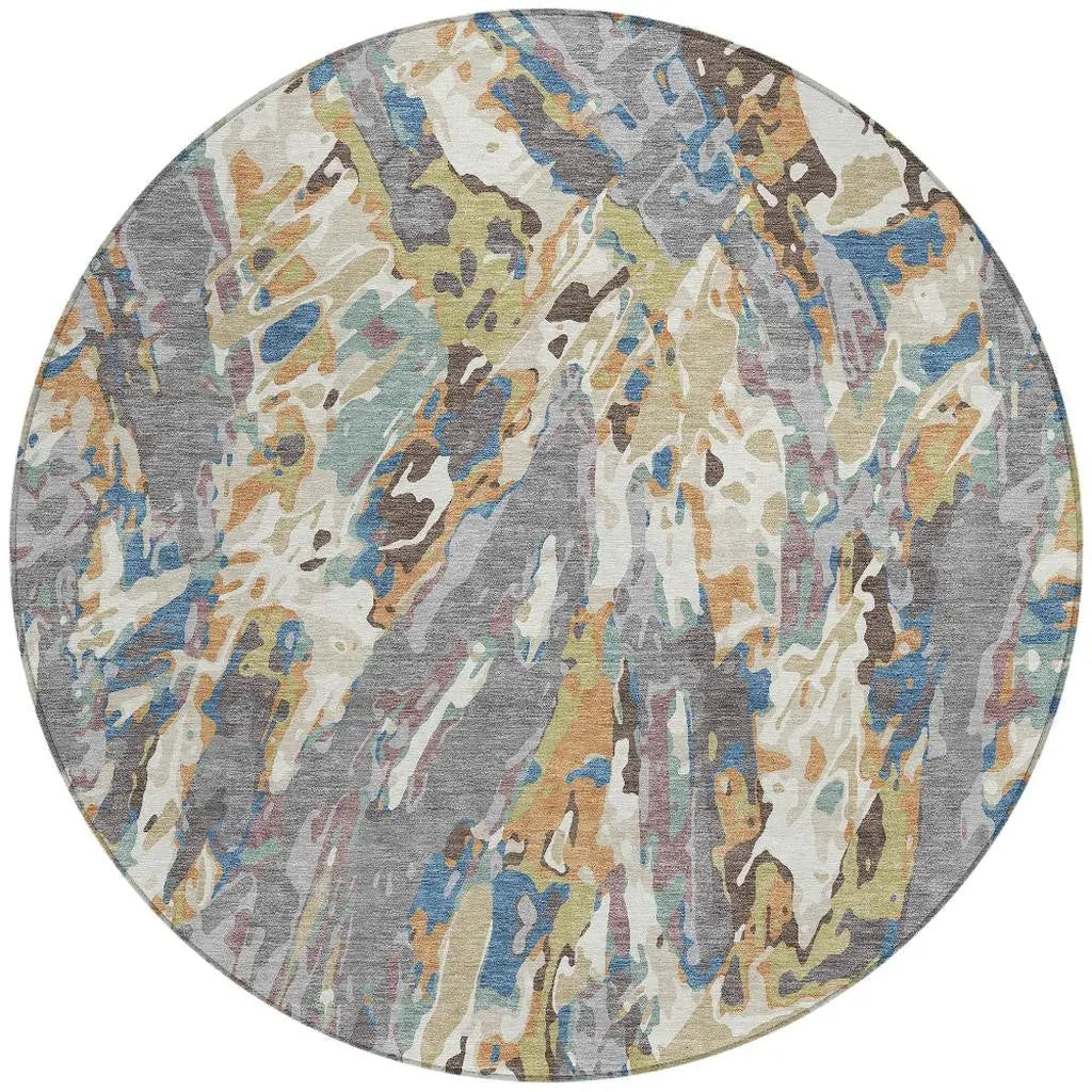 8' Gray And Copper Round Abstract Washable Indoor Outdoor Area Rug Homeroots Outdoor