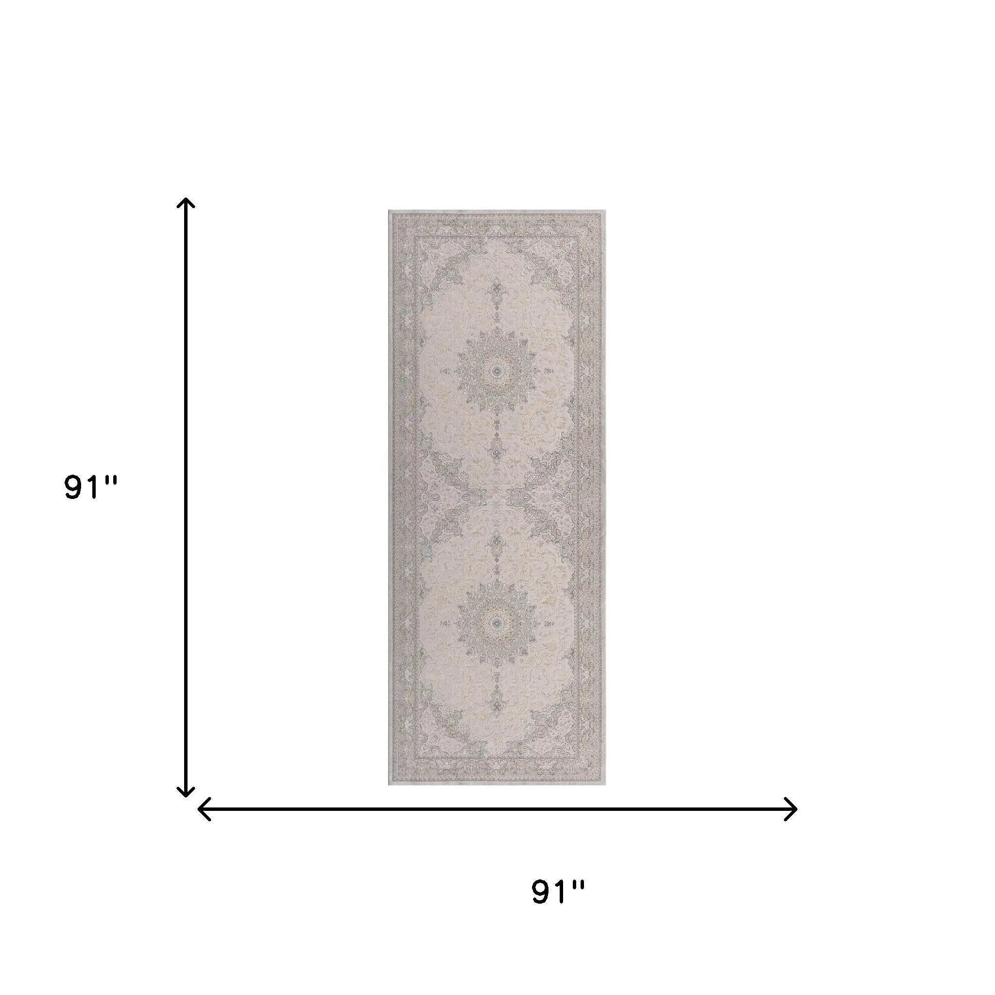 8' Gray And Cream Medallion Runner Rug Homeroots Home Decor