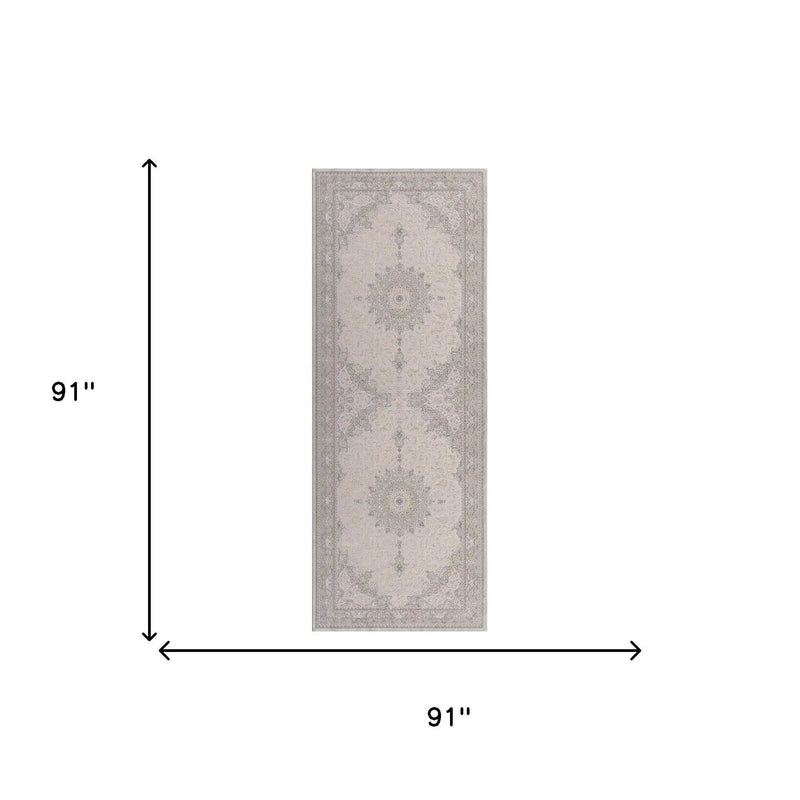 8' Gray And Cream Medallion Runner Rug Homeroots Home Decor
