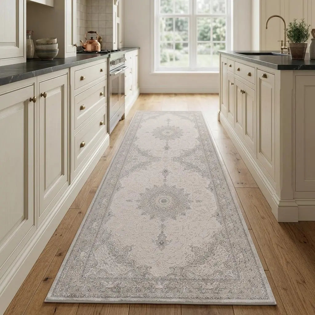 8' Gray And Cream Medallion Runner Rug Homeroots Home Decor