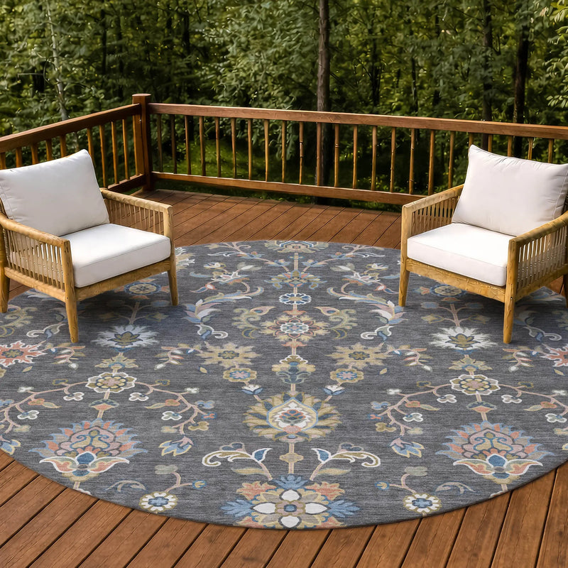8' Gray And Denim Blue Round Abstract Washable Indoor Outdoor Area Rug Homeroots Outdoor