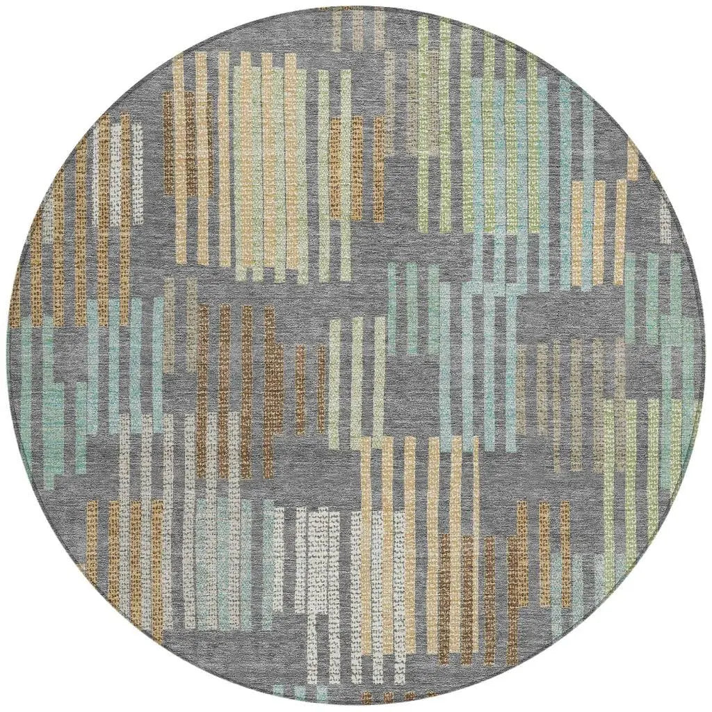 8' Gray And Fern Green Round Striped Washable Indoor Outdoor Area Rug Homeroots Outdoor