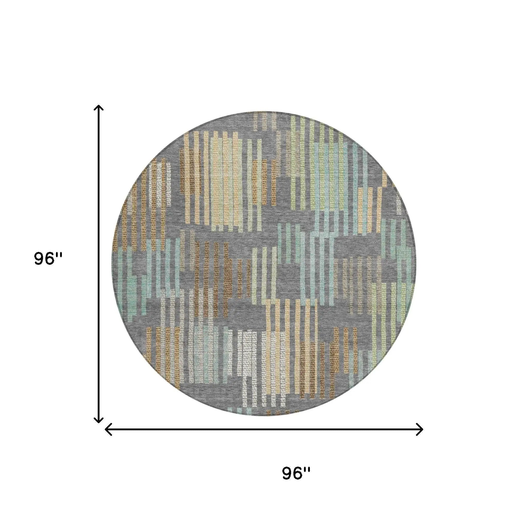 8' Gray And Fern Green Round Striped Washable Indoor Outdoor Area Rug Homeroots Outdoor