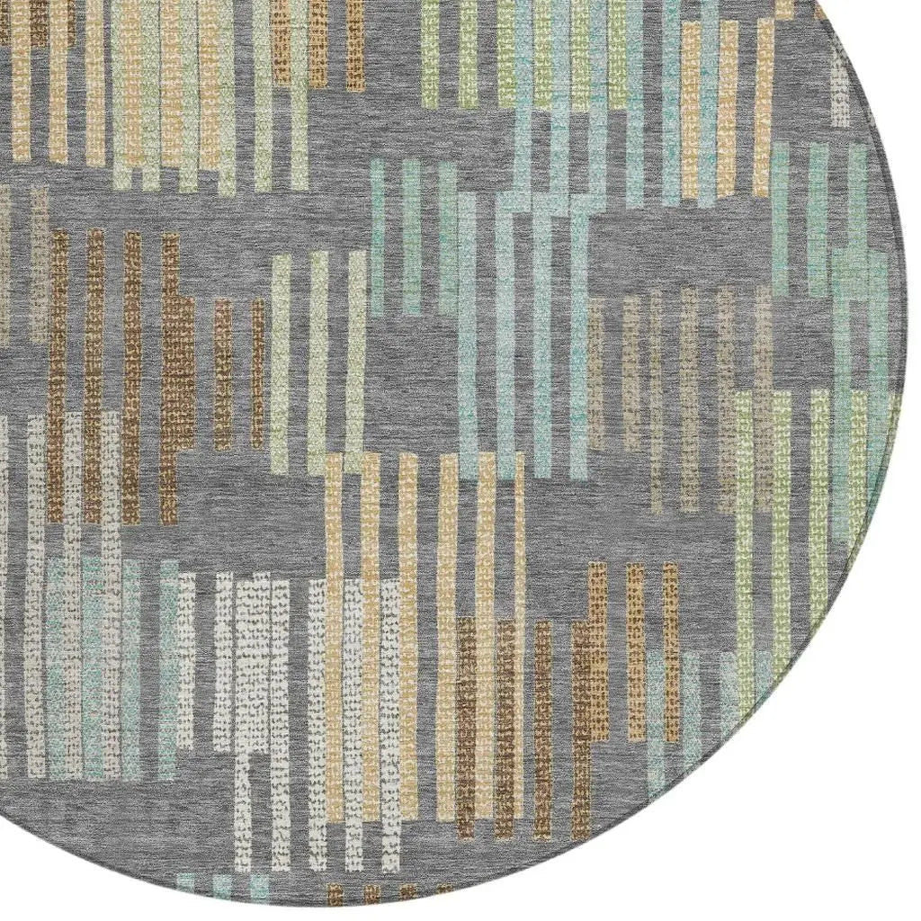 8' Gray And Fern Green Round Striped Washable Indoor Outdoor Area Rug Homeroots Outdoor