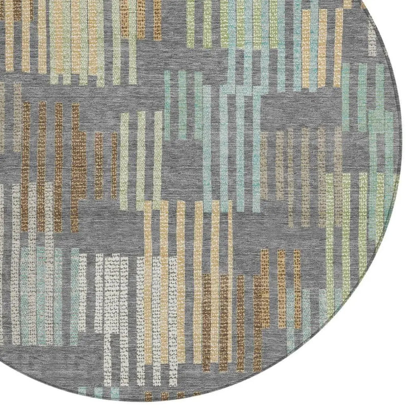 8' Gray And Fern Green Round Striped Washable Indoor Outdoor Area Rug Homeroots Outdoor