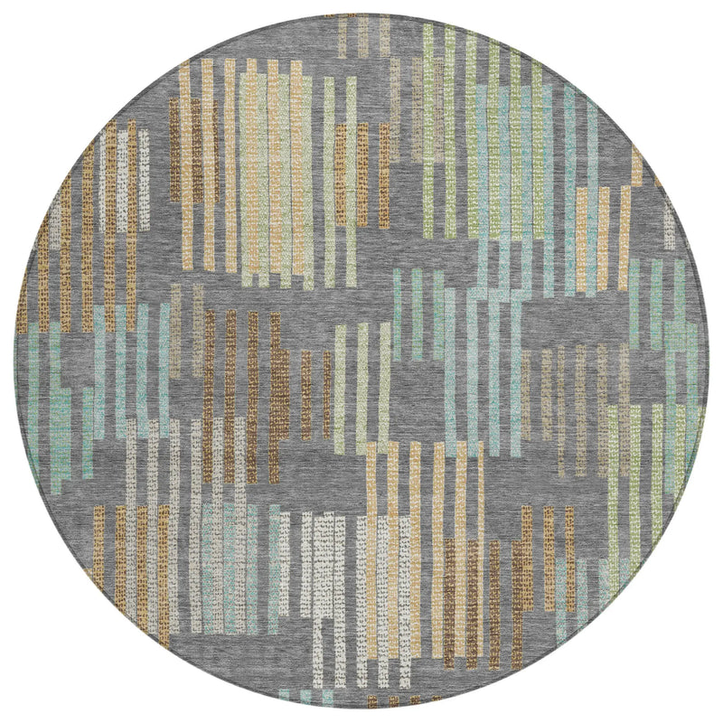 8' Gray And Fern Green Round Striped Washable Indoor Outdoor Area Rug Homeroots Outdoor