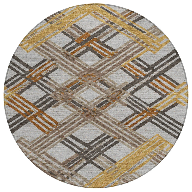 8' Gray And Gold Round Geometric Washable Indoor Outdoor Area Rug Homeroots Outdoor