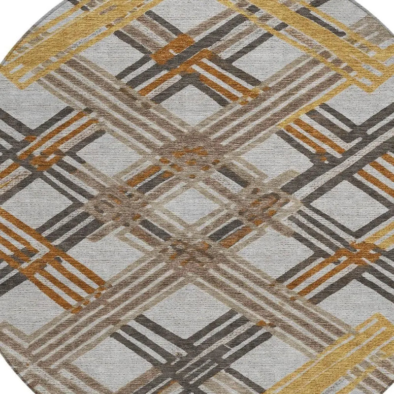 8' Gray And Gold Round Geometric Washable Indoor Outdoor Area Rug Homeroots Outdoor