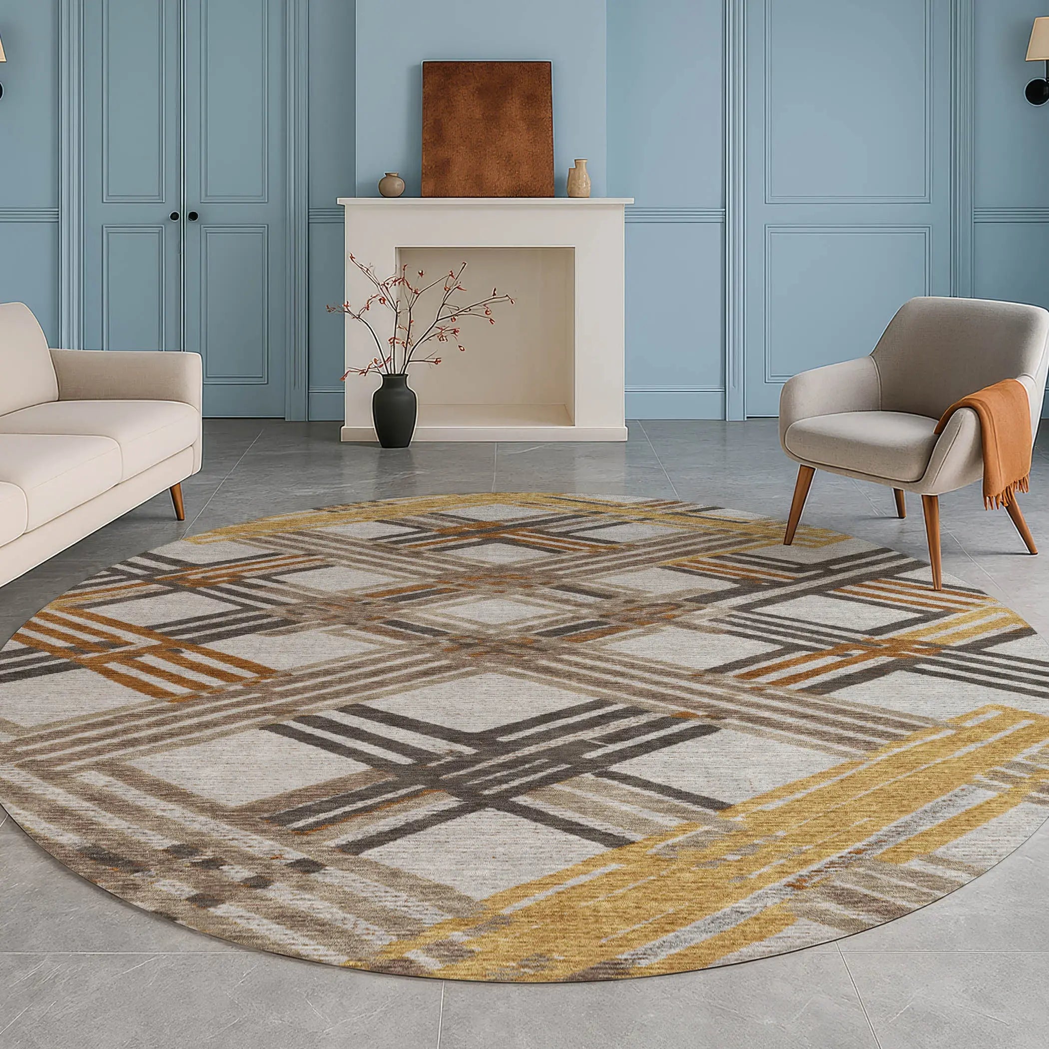 8' Gray And Gold Round Geometric Washable Indoor Outdoor Area Rug Homeroots Outdoor