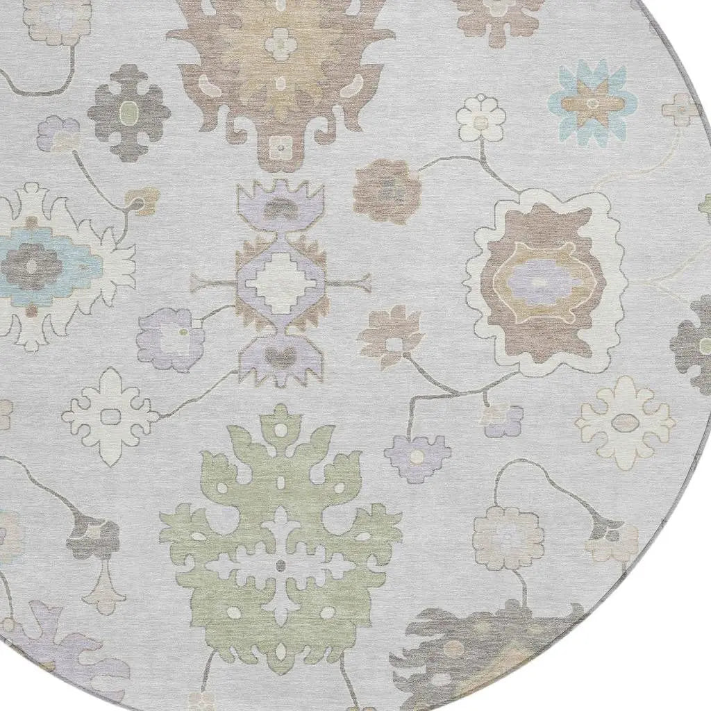 8' Gray And Gold Round Oriental Washable Indoor Outdoor Area Rug Homeroots Outdoor