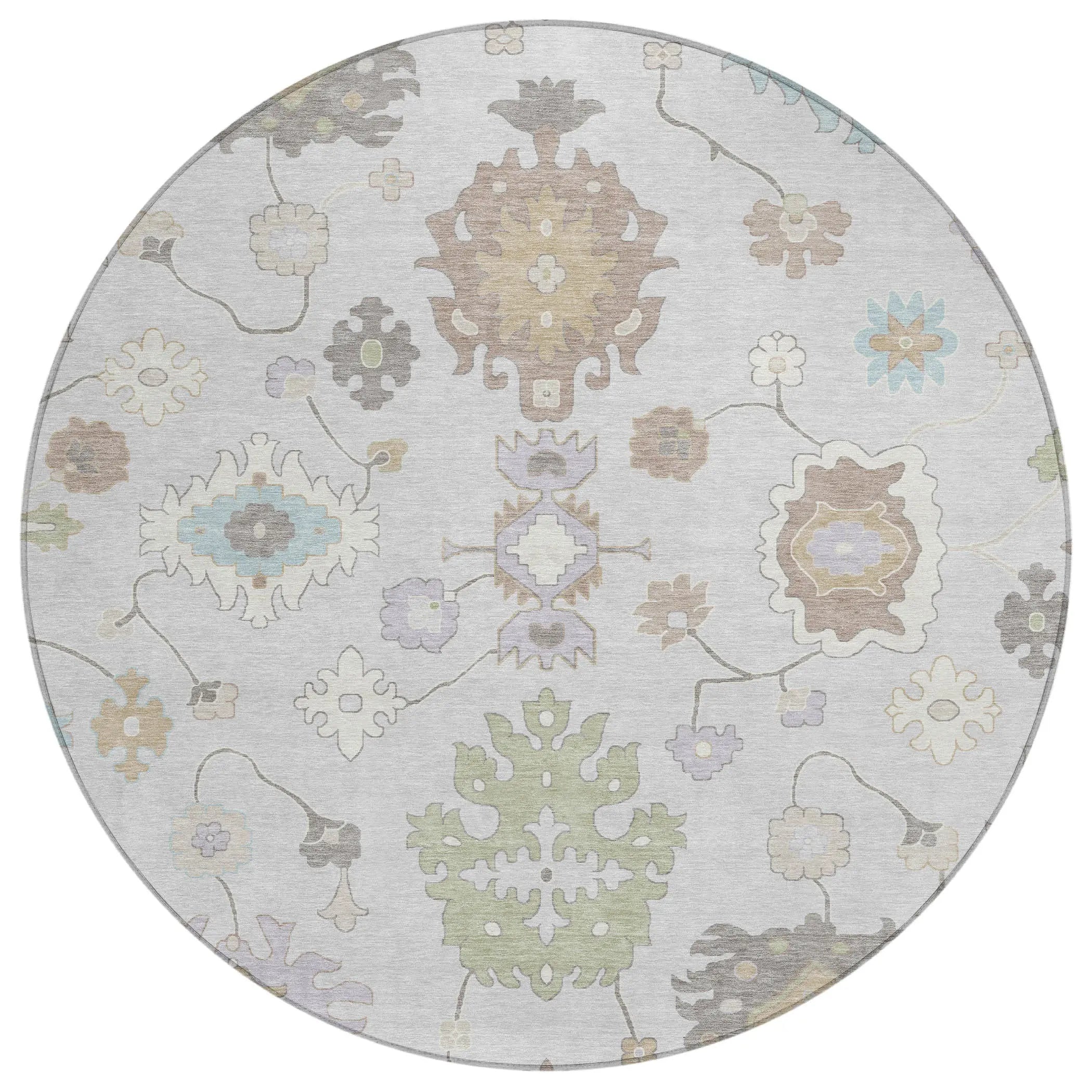 8' Gray And Gold Round Oriental Washable Indoor Outdoor Area Rug Homeroots Outdoor