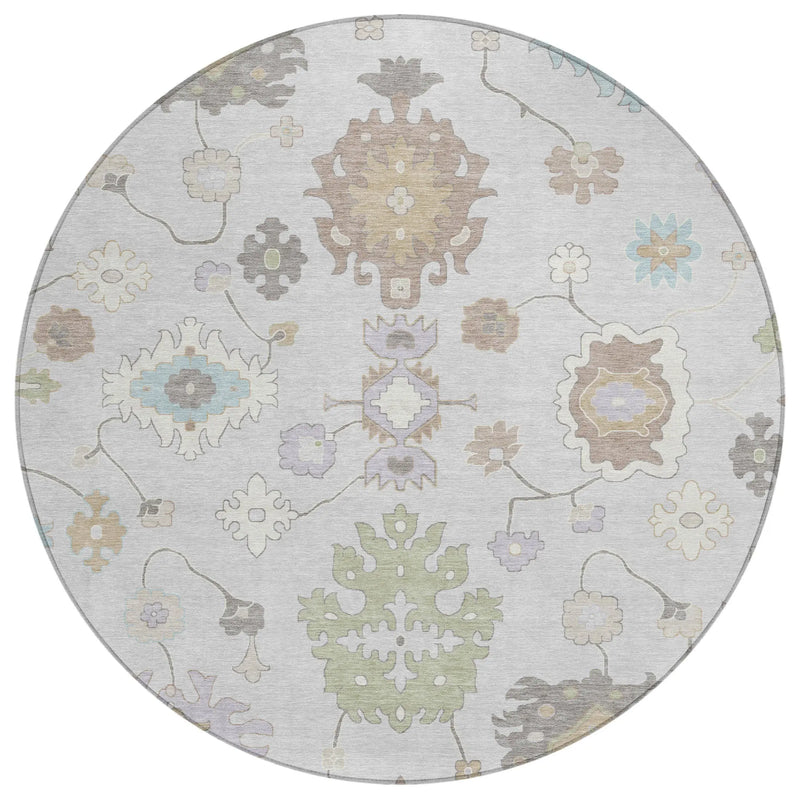 8' Gray And Gold Round Oriental Washable Indoor Outdoor Area Rug Homeroots Outdoor