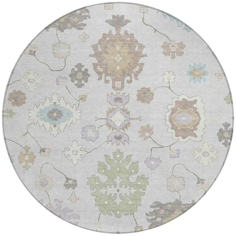 8' Gray And Gold Round Oriental Washable Indoor Outdoor Area Rug Homeroots Outdoor