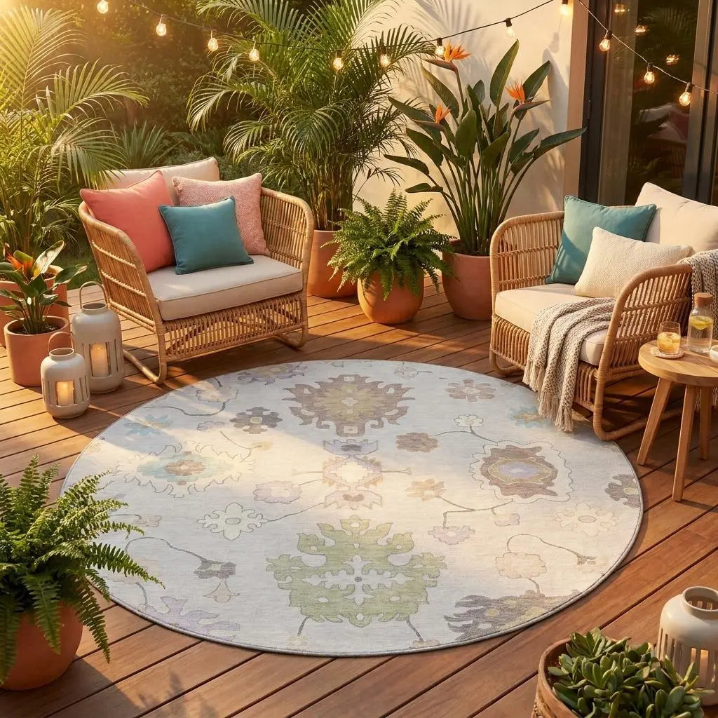 8' Gray And Gold Round Oriental Washable Indoor Outdoor Area Rug Homeroots Outdoor
