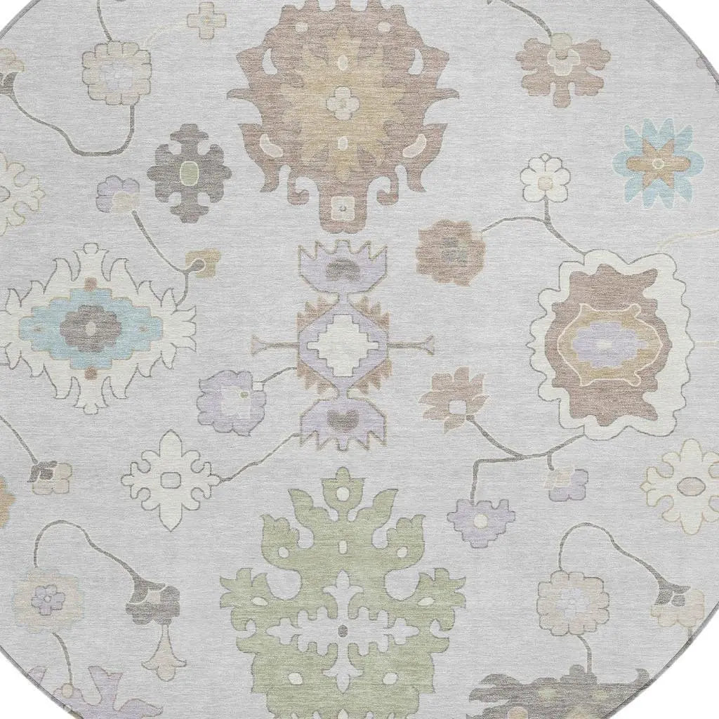 8' Gray And Gold Round Oriental Washable Indoor Outdoor Area Rug Homeroots Outdoor