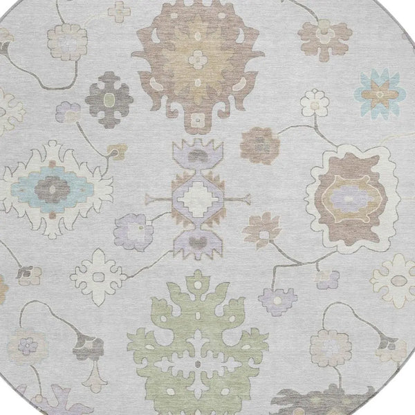 8' Gray And Gold Round Oriental Washable Indoor Outdoor Area Rug Homeroots Outdoor