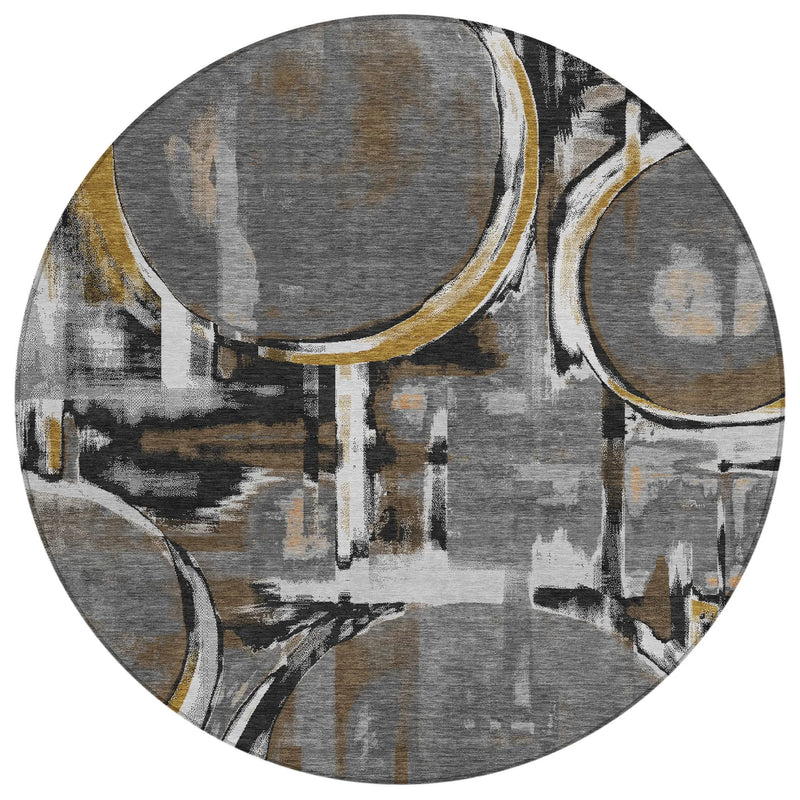 8' Gray And Graphite Round Abstract Washable Indoor Outdoor Area Rug Homeroots Outdoor