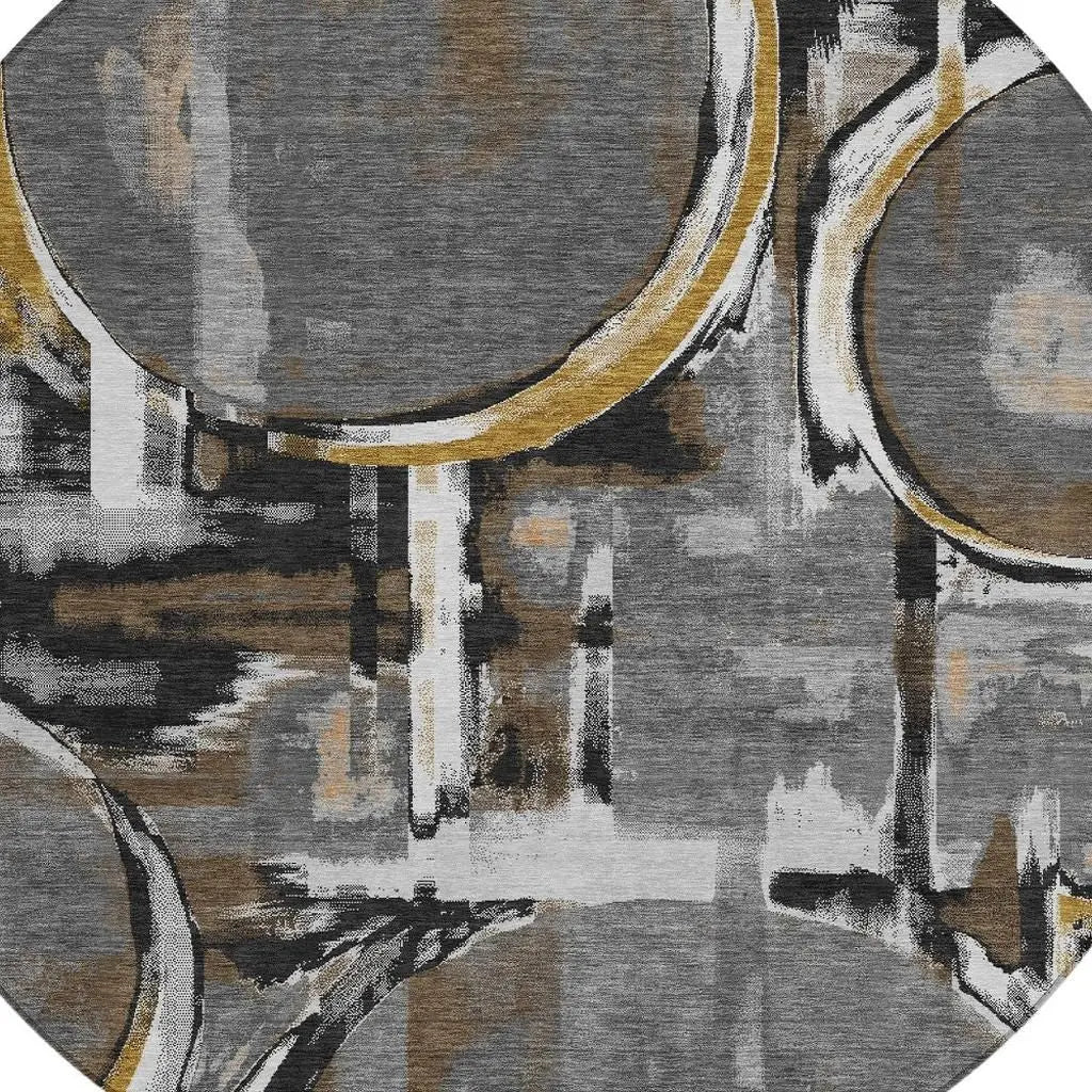 8' Gray And Graphite Round Abstract Washable Indoor Outdoor Area Rug Homeroots Outdoor