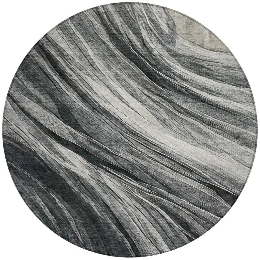 8' Gray And Graphite Round Abstract Washable Indoor Outdoor Area Rug Homeroots Outdoor