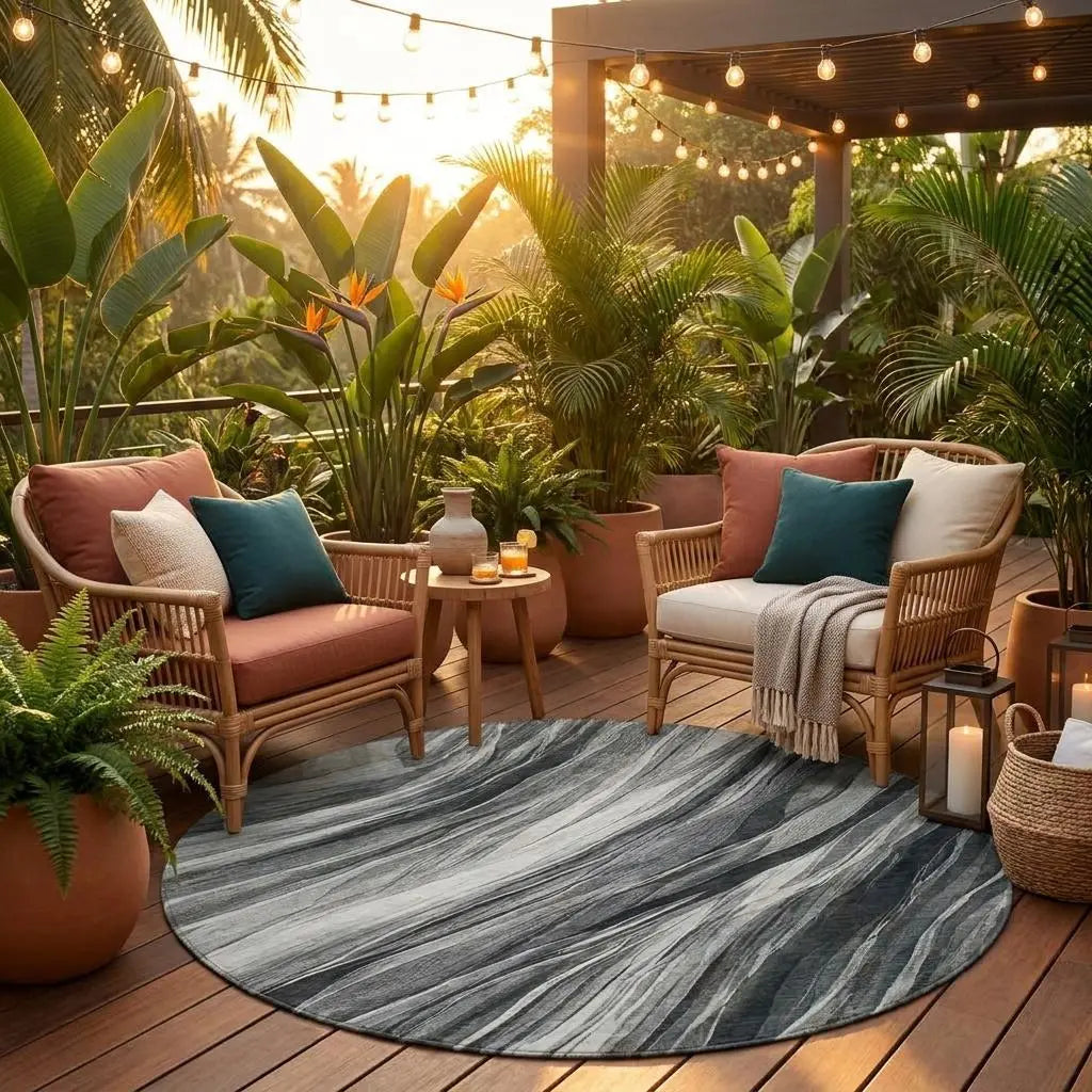 8' Gray And Graphite Round Abstract Washable Indoor Outdoor Area Rug Homeroots Outdoor