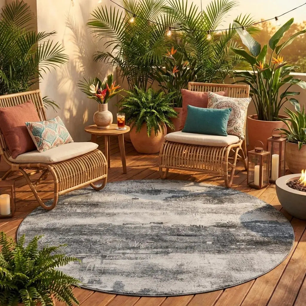 8' Gray And Graphite Round Abstract Washable Indoor Outdoor Area Rug Homeroots Outdoor