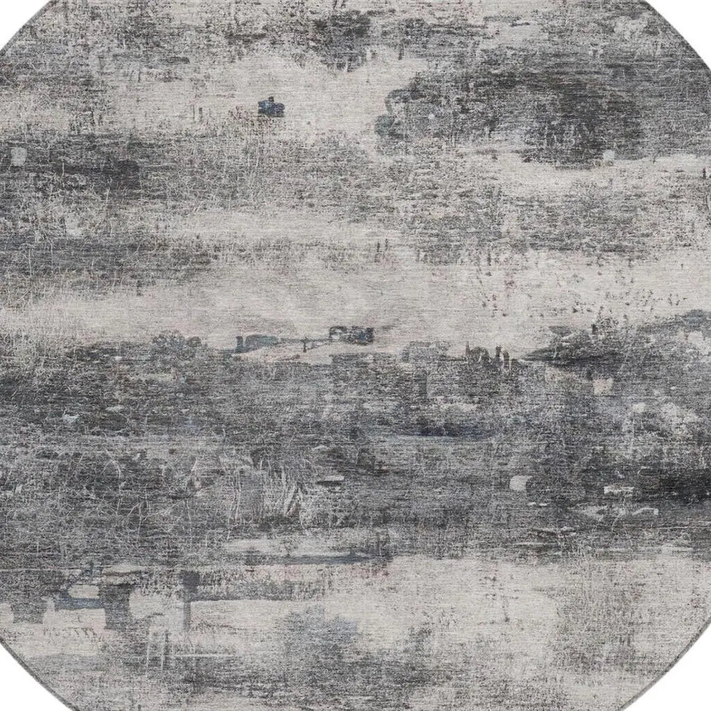 8' Gray And Graphite Round Abstract Washable Indoor Outdoor Area Rug Homeroots Outdoor