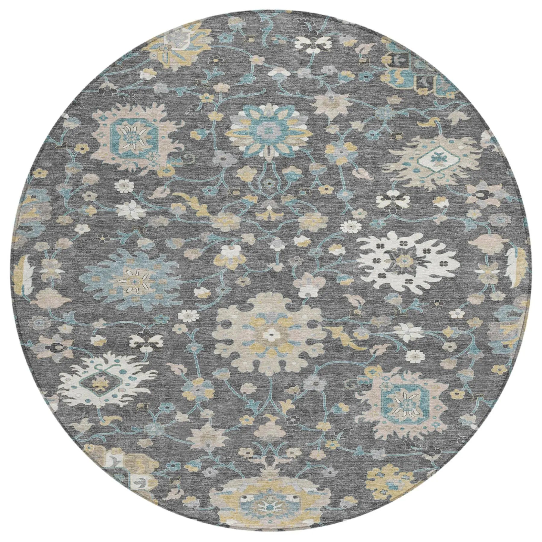 8' Gray And Graphite Round Floral Washable Indoor Outdoor Area Rug Homeroots Outdoor