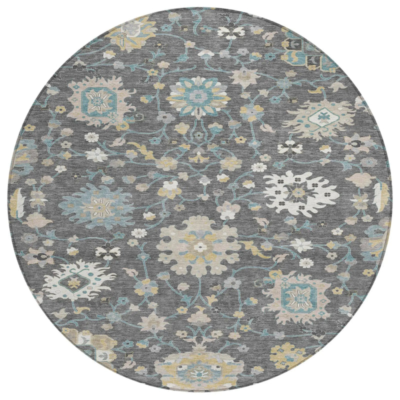 8' Gray And Graphite Round Floral Washable Indoor Outdoor Area Rug Homeroots Outdoor