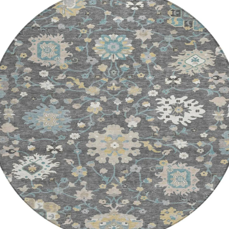 8' Gray And Graphite Round Floral Washable Indoor Outdoor Area Rug Homeroots Outdoor