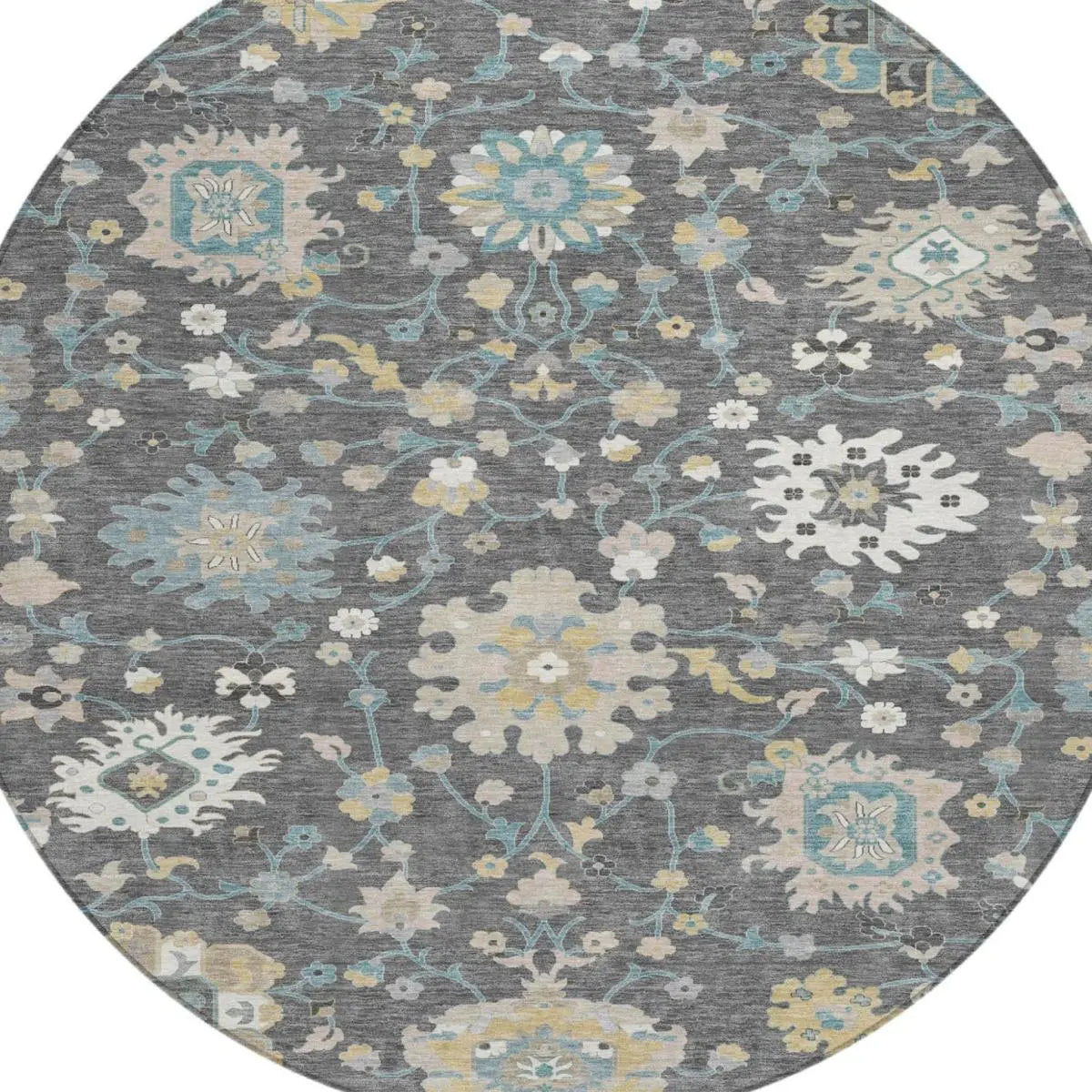 8' Gray And Graphite Round Floral Washable Indoor Outdoor Area Rug Homeroots Outdoor