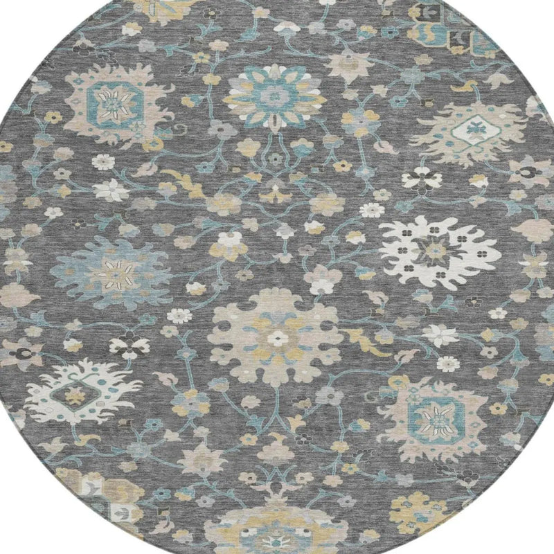 8' Gray And Graphite Round Floral Washable Indoor Outdoor Area Rug Homeroots Outdoor