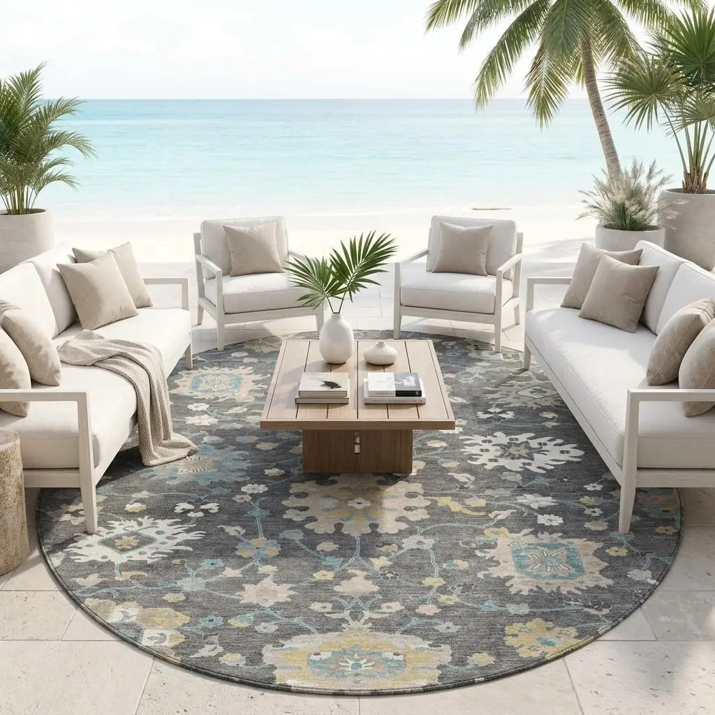 8' Gray And Graphite Round Floral Washable Indoor Outdoor Area Rug Homeroots Outdoor