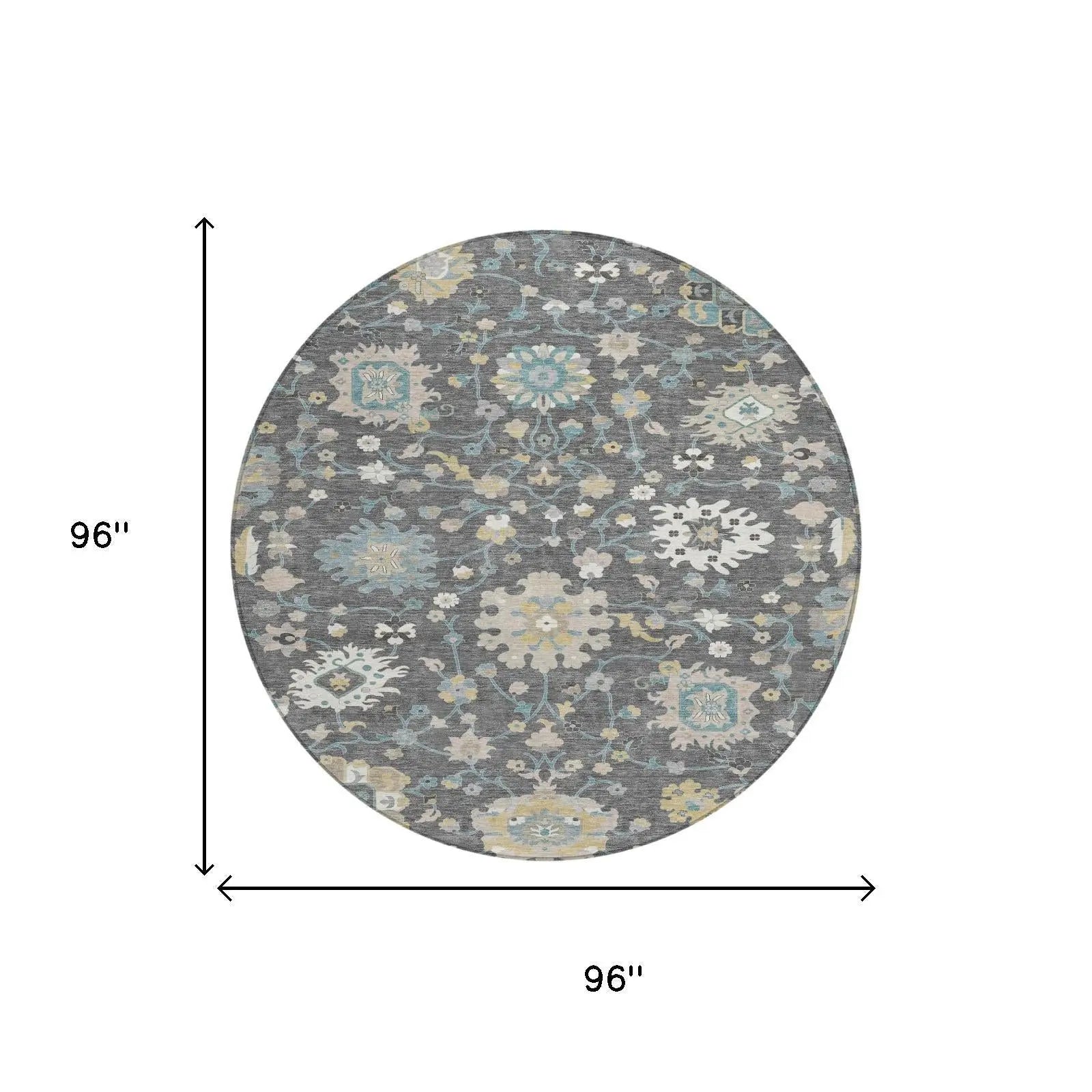 8' Gray And Graphite Round Floral Washable Indoor Outdoor Area Rug Homeroots Outdoor