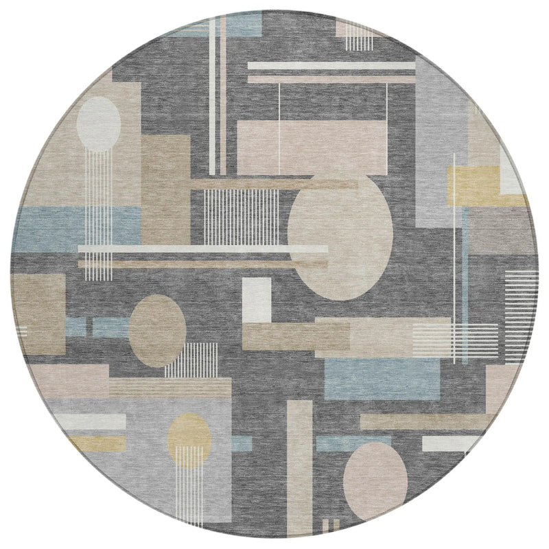 8' Gray And Graphite Round Geometric Washable Indoor Outdoor Area Rug Homeroots Outdoor