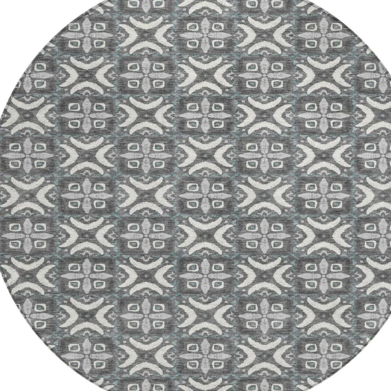8' Gray And Graphite Round Geometric Washable Indoor Outdoor Area Rug Homeroots Outdoor
