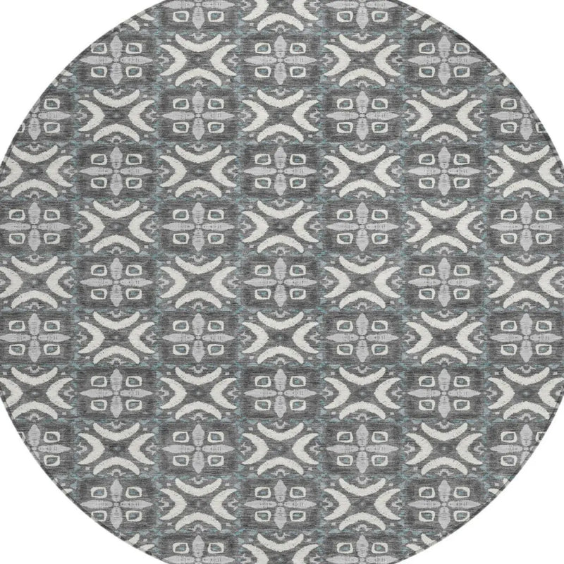 8' Gray And Graphite Round Geometric Washable Indoor Outdoor Area Rug Homeroots Outdoor