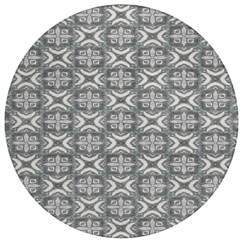 8' Gray And Graphite Round Geometric Washable Indoor Outdoor Area Rug Homeroots Outdoor