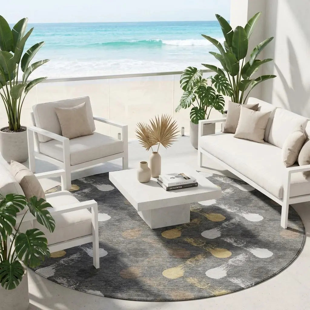 8' Gray And Graphite Round Geometric Washable Indoor Outdoor Area Rug Homeroots Outdoor