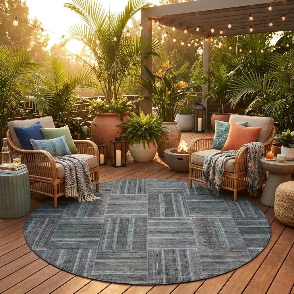 8' Gray And Graphite Round Geometric Washable Indoor Outdoor Area Rug Homeroots Outdoor