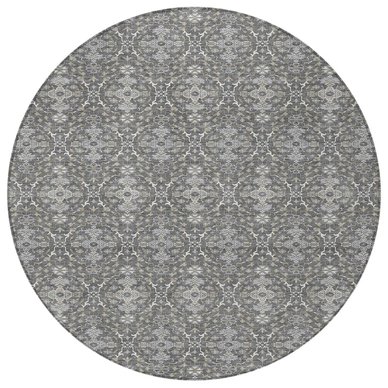 8' Gray And Graphite Round Oriental Washable Indoor Outdoor Area Rug Homeroots Outdoor