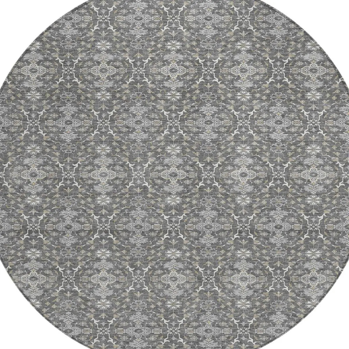 8' Gray And Graphite Round Oriental Washable Indoor Outdoor Area Rug Homeroots Outdoor