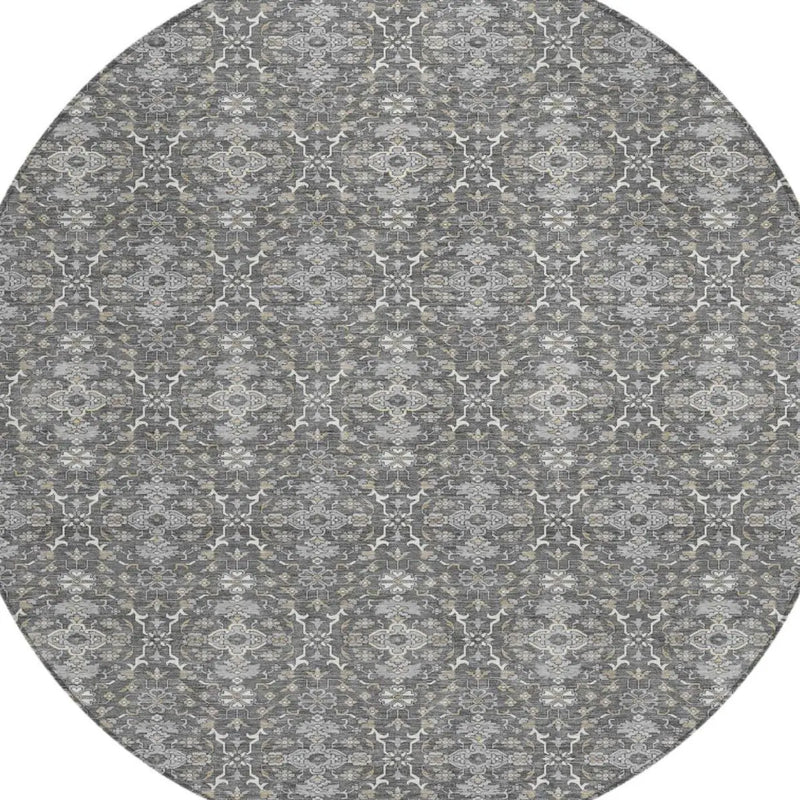 8' Gray And Graphite Round Oriental Washable Indoor Outdoor Area Rug Homeroots Outdoor