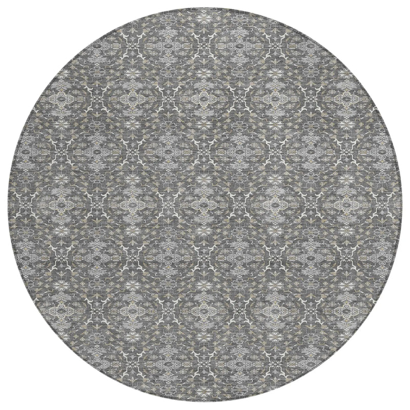 8' Gray And Graphite Round Oriental Washable Indoor Outdoor Area Rug Homeroots Outdoor