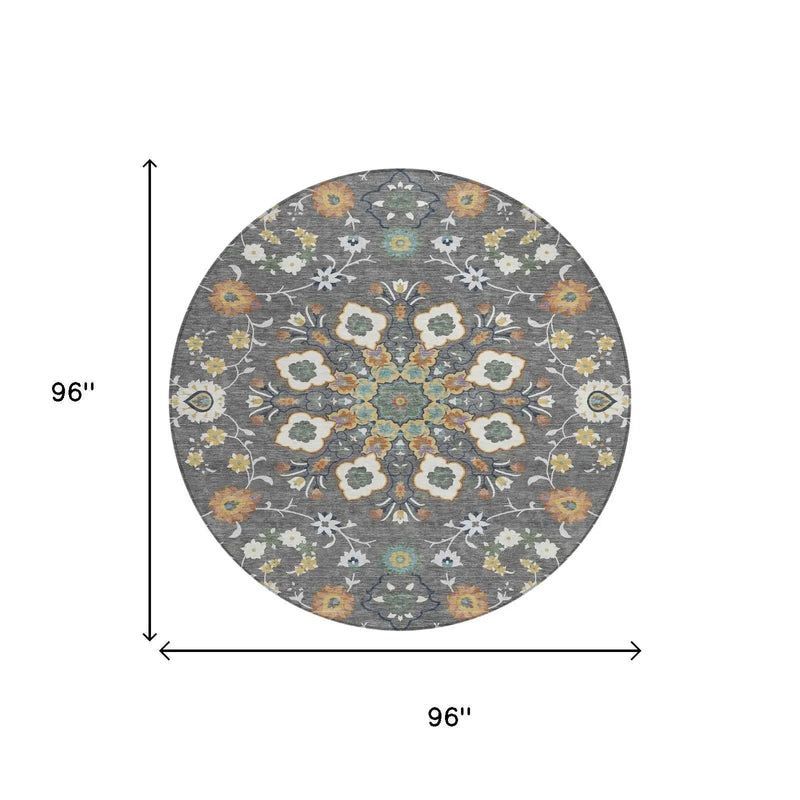 8' Gray And Graphite Round Oriental Washable Indoor Outdoor Area Rug Homeroots Outdoor