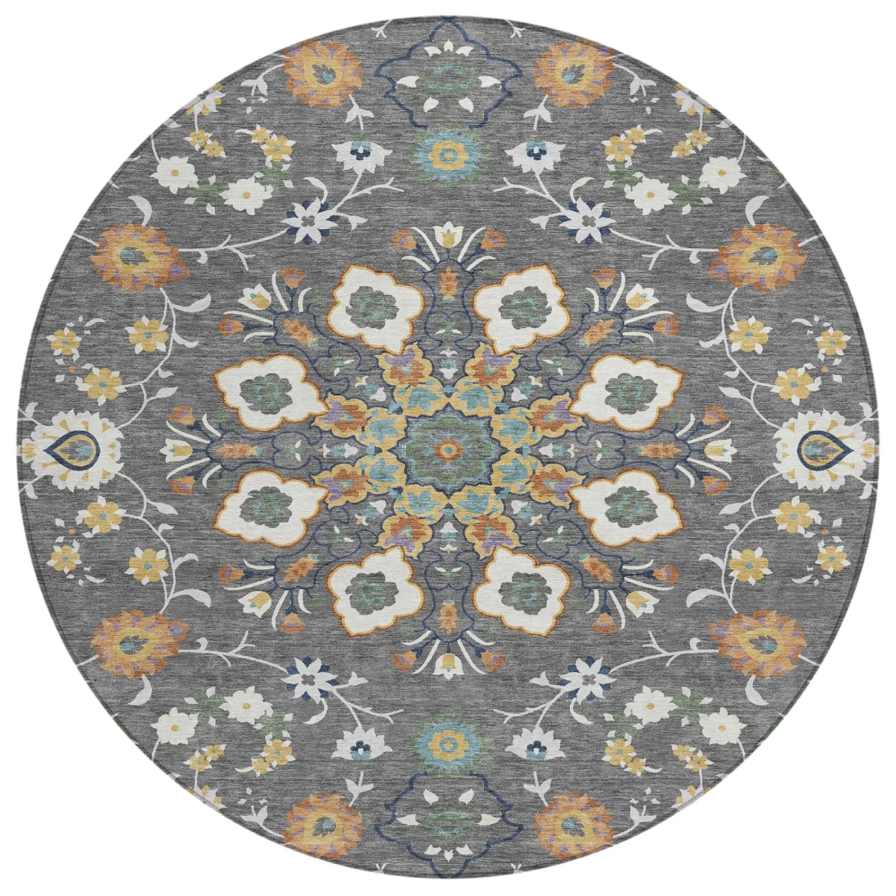 8' Gray And Graphite Round Oriental Washable Indoor Outdoor Area Rug Homeroots Outdoor