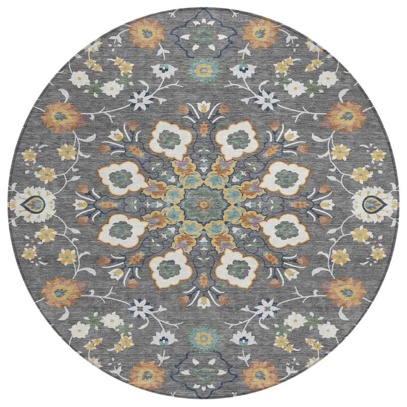 8' Gray And Graphite Round Oriental Washable Indoor Outdoor Area Rug Homeroots Outdoor