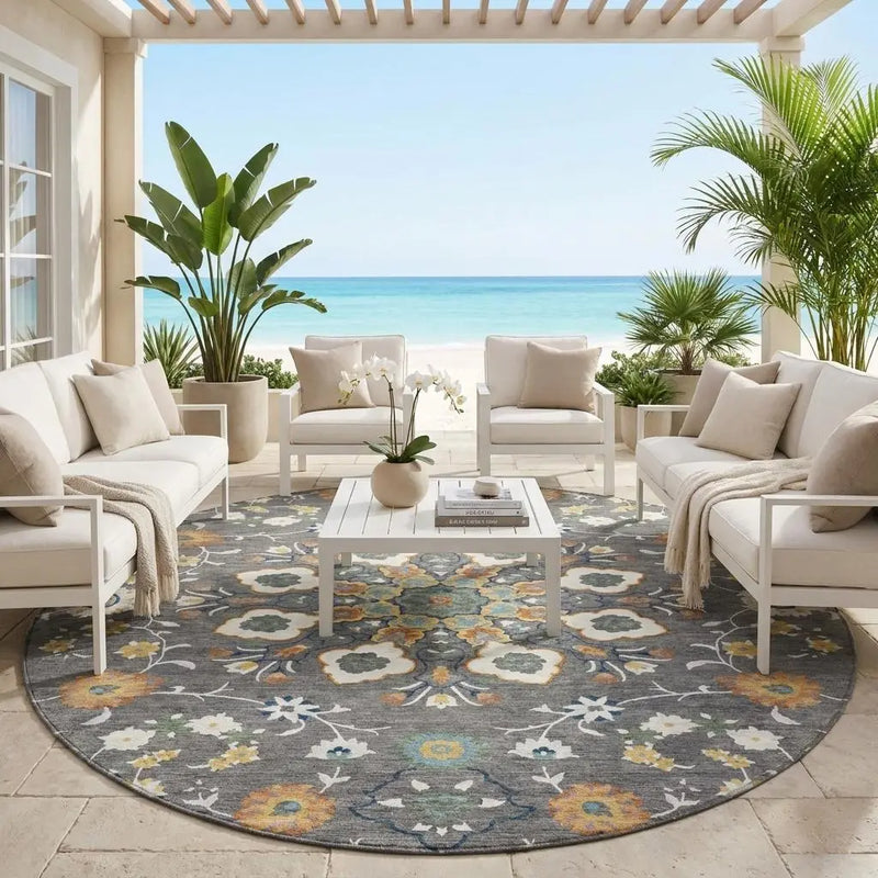 8' Gray And Graphite Round Oriental Washable Indoor Outdoor Area Rug Homeroots Outdoor
