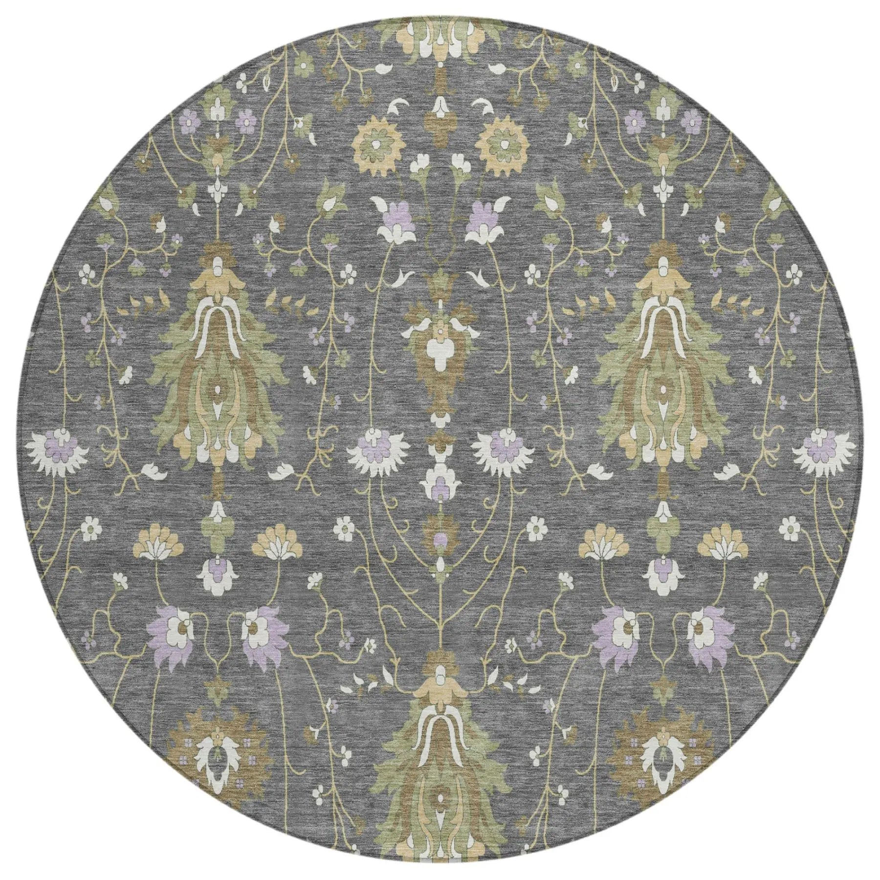 8' Gray And Graphite Round Oriental Washable Indoor Outdoor Area Rug Homeroots Outdoor