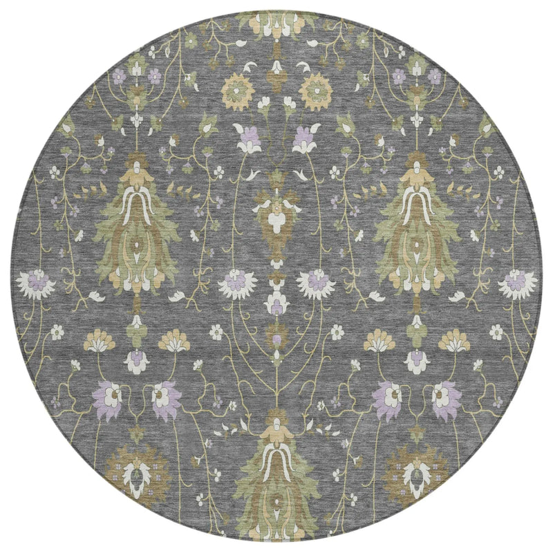 8' Gray And Graphite Round Oriental Washable Indoor Outdoor Area Rug Homeroots Outdoor