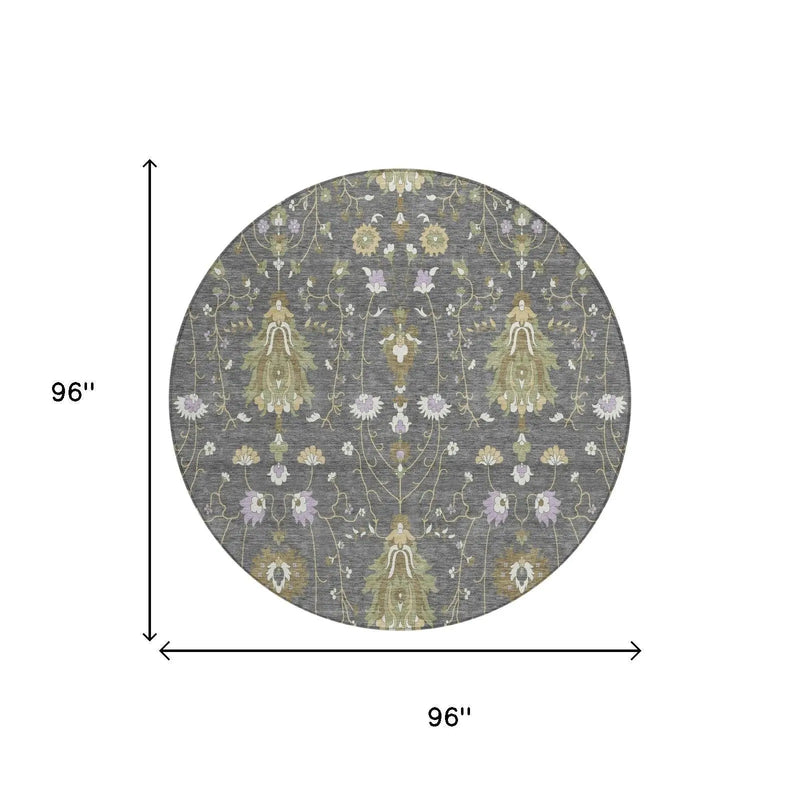 8' Gray And Graphite Round Oriental Washable Indoor Outdoor Area Rug Homeroots Outdoor